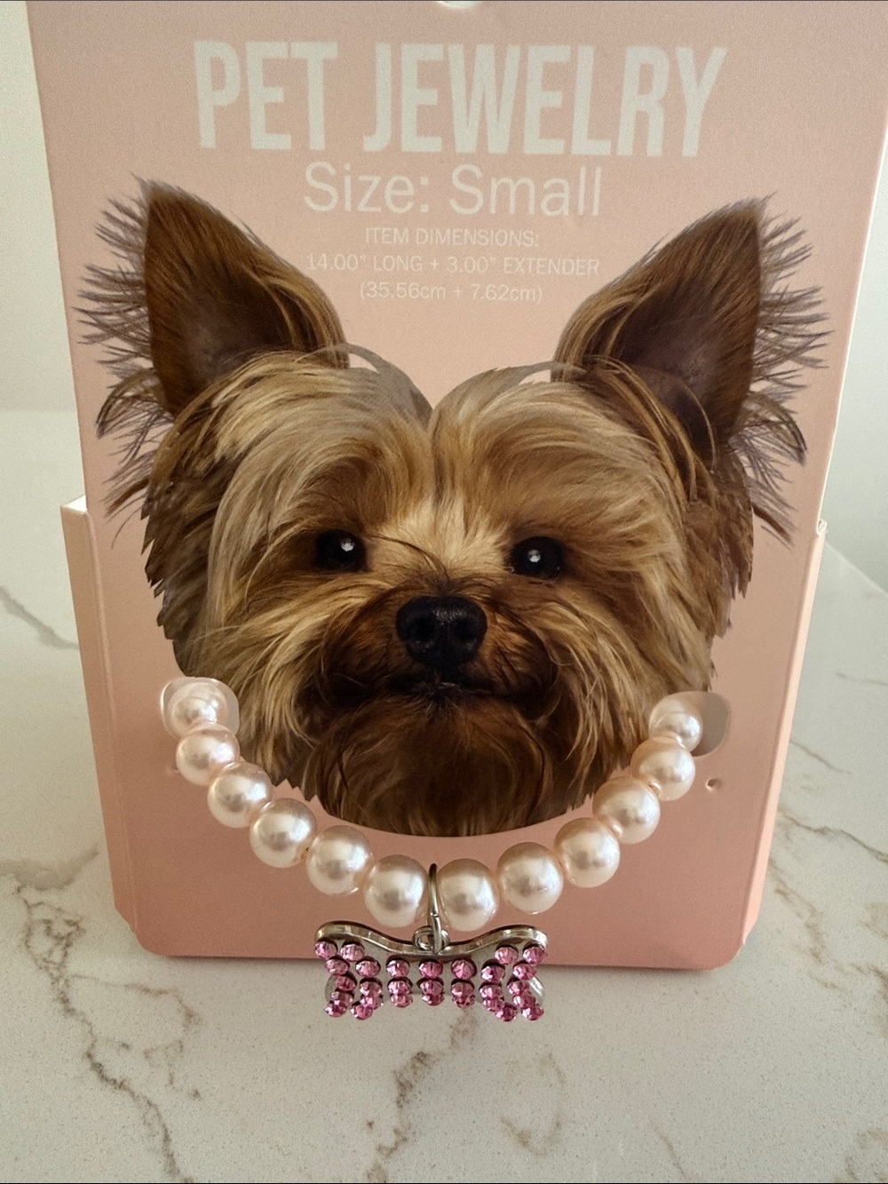 Pawsitively Fun Pet Jewelry Pearl Dog Necklace with Pink Crystal Bone Charm